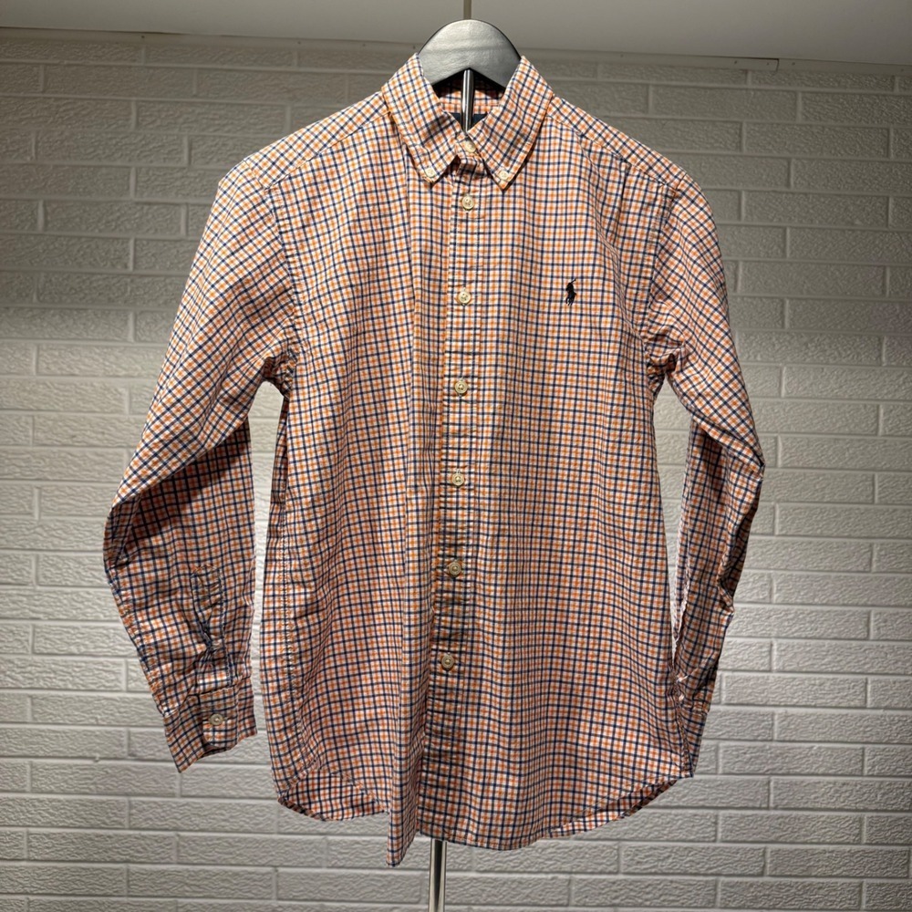 Kids Ralph Lauren Orange‎ Blue Plaid Long Sleeve Button Down Shirt Size L 14-16